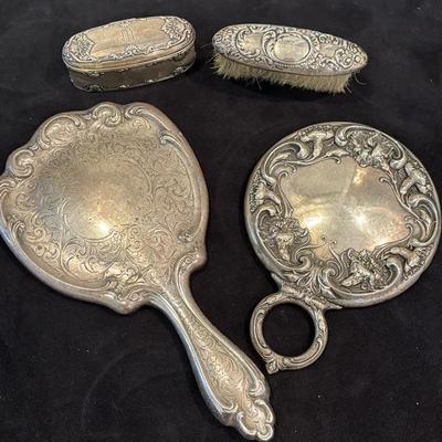Sterling Silver Handled Mirrors, Trinket Box And Hand Brush