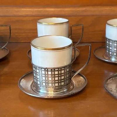 LS & S Limoges Demitasse Teacups And Sterling Saucers And Holders