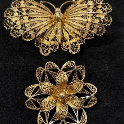 Vintage 800 Silver Filigree Butterfly And Filigree Flower Broocb