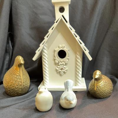 Brass Quails, Otagiri Japan Ceramic Birds and Wood Bird House