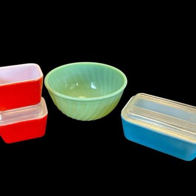 Jadeite Fire King Swirl Bowl And Pyrex Refrigerator Dishes
