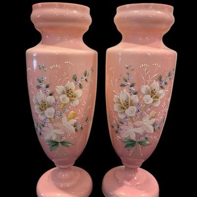 Pair Of Antique Pink Opaline Hand Painted Vases