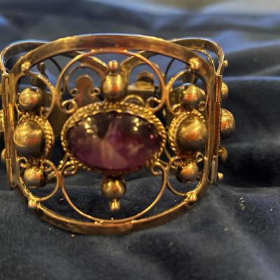 Mexico Silver And Amethyst Cabochon Bracelet