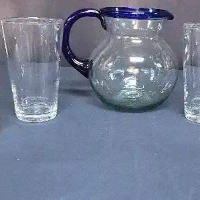 Mexican Handblown Glass Pitcher & Set of 7 Drinking Glasses 