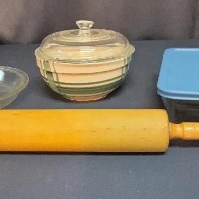 Vintage Green Stripe Casserole Dish. Pyrex Storage, Glass Pie Pkate & Rolling Pin  