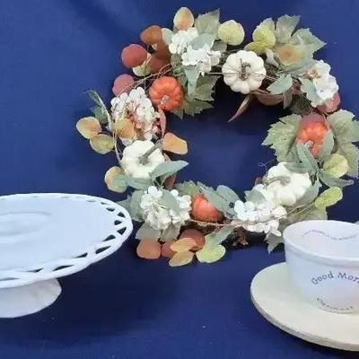 Autumn Wreath, Milk Glass Cake Plate, and Pair of Oatmeal Bowls with Small Display Tables