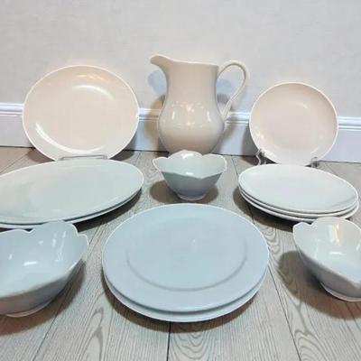 Porcelain Pitcher, Plates, Saucers & 3 Lotus Flower Bowls  