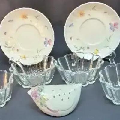 Set of 6 Pyrex Fluted Glass Bowls, Pair of Mikasa Plates, & Elizabeth Arden Porcelain Bird  