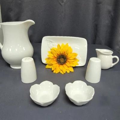 White Pitcher, Salt N Pepper Shakers, Creamer, Plate & More