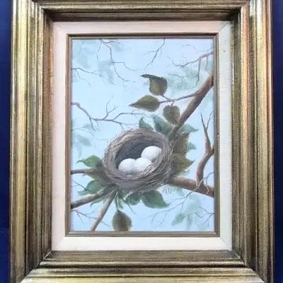 Oil Painting of Bird's Nest with Eggs, Signed by Mabry 