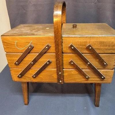 Vintage Norwegian Sewing Box Wood Basket & Assessories