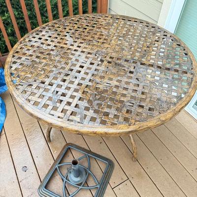 Patio table two chairs, umbrella & stand