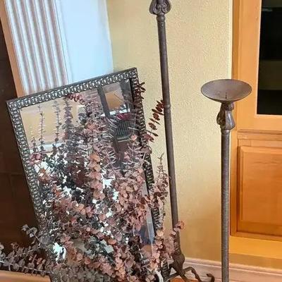 Decor framed mirror tall candle holders & ceramic pot