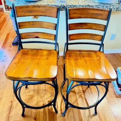 Pair of wood metal swivel bar stools