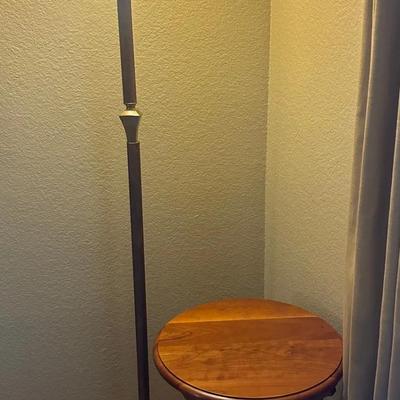 Vintage Torchiere Floor Lamp with Frosted Glass Shade and Wooden Accent Side Table