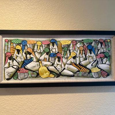 Original Nesly B. Haitian Market Scene – Framed Folk Art Painting