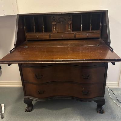 Antique Drop-Front Secretary Desk | Wood Writing Desk with Pigeonholes & Drawers