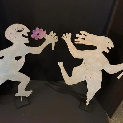 Whimsical Metal Folk Art Sculpture of Dancing Figures on Stands