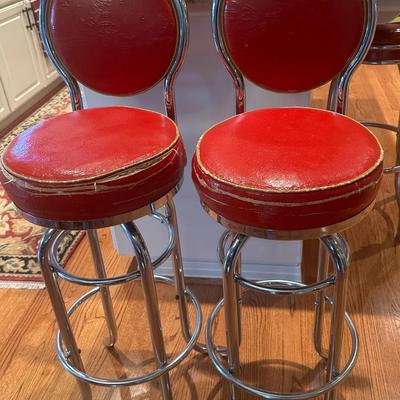 Pair of Vintage Chrome Bar Stools with Red Vinyl Seats and Backs
