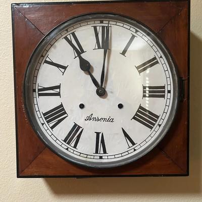 Antique Ansonia Wall Clock – Wooden Case, Roman Numerals, Hinged Door