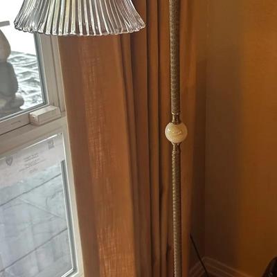 Antique Style Floor Lamp with Horse Motif Arm and Ribbed Glass Shade