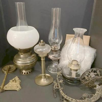 Lot of Antique & Vintage Oil Lamps, Chimneys, and Lamp Parts, Accessories