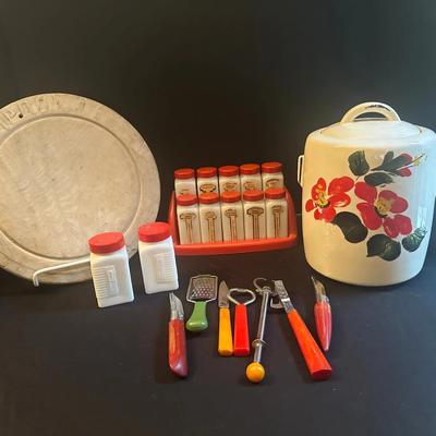 Vintage Kitchen Lot- McCoy Cookie Jar, Griffith Spice Jar Set, Milk Glass Salt and Pepper Shakers