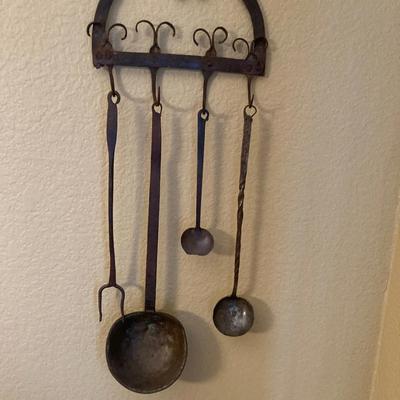 Vintage Hand-Forged Iron Wall Rack with Hanging Ladles & Utensils