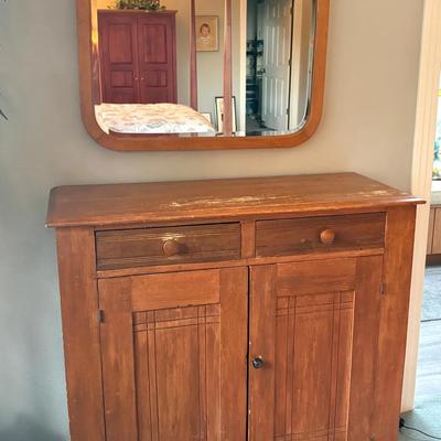 Antique Primitive Pine Cabinet + Matching Mirror – 2 Door Storage – Farmhouse / Rustic