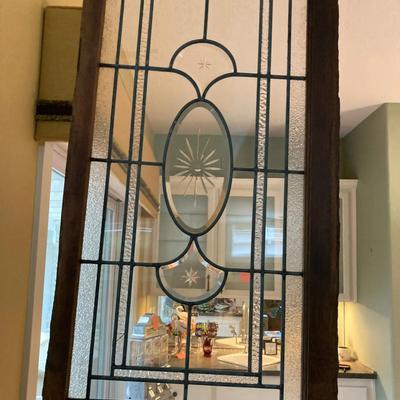 Decorative Leaded Glass Panel in Wood Frame with Starburst Motif Has Cracks