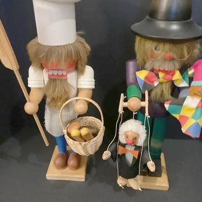 Two German Wooden Nutcrackers – Baker and Harlequin with Puppet 