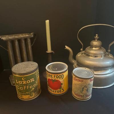 Vintage Primitive Kitchen and Pantry Decor Lot with Tin Cans, Candle Mold, and Metal Kettle