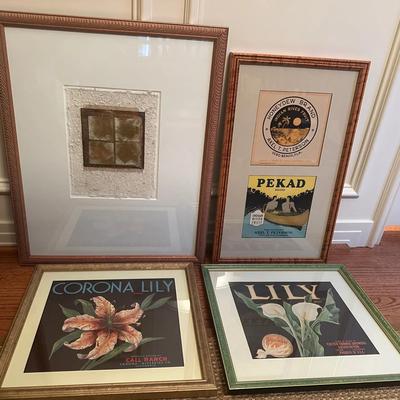 Set of Four Framed Vintage Style Botanical and Citrus Crate Label Art Prints