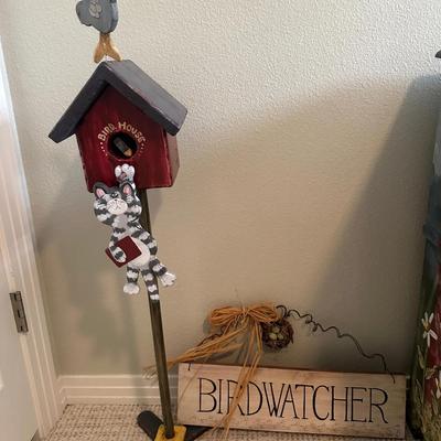 Whimsical Hand Painted Birdhouse Floor Decor with Cat and Birdwatcher Sign
