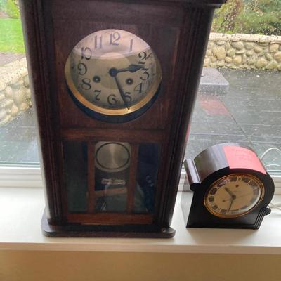 Two Vintage Clocks  – Antique Wooden Wall Clock & GE Mantel Clock