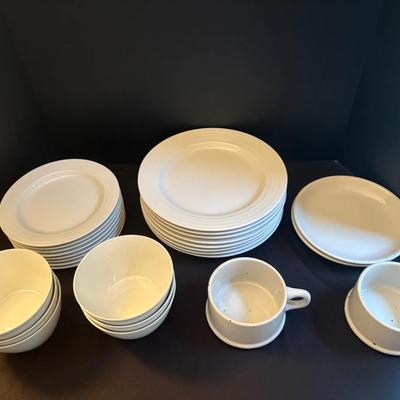 Crate & Barrel White Porcelain Dish Set + Stoneware Cups & Saucers – Bundle!