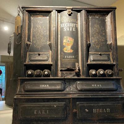 Antique Painted Tin Kitchen Safe “Security Safe” with Labeled Bins – Flour, Sugar, Bread & Cake