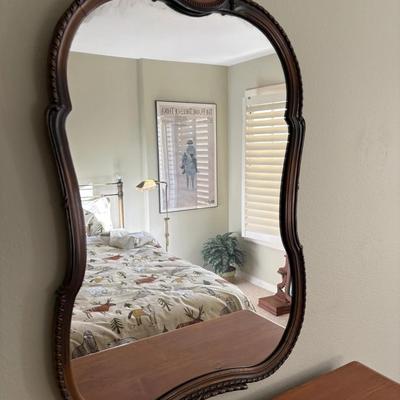 Vintage Carved Wood Wall Mirror – Victorian Style – Floral Crest & Beaded Trim 