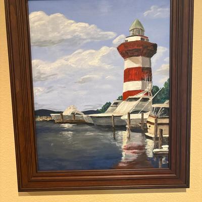 Original Lighthouse & Marina Painting – Red-Striped Beacon – Boats Docked – Large Framed Coastal Art