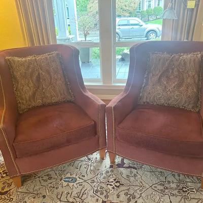 Pair of Harden Wingback Armchairs with Nailhead Trim and Accent Pillows