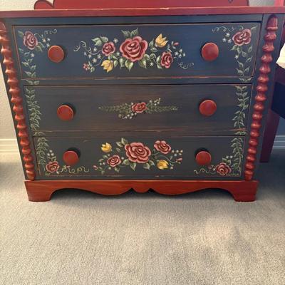 Hand-Painted Folk Art 3-Drawer Dresser / Side Chest – Roses & Floral – Vintage Cottage Style