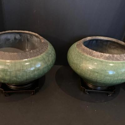 Decorative Green Crackle Glaze Planters with Bases Large Pair