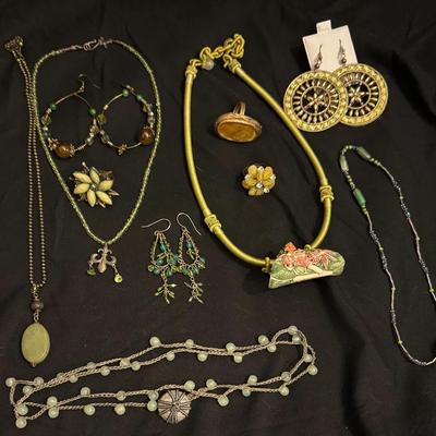 Mixed Green Tone Jewelry Lot – Necklaces, Earrings, Ring & Brooch