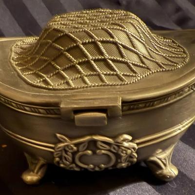 Ornate Footed Jewelry / Trinket Box with Red Velvet Interior