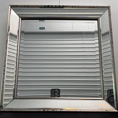 Beveled Wall Mirror with Distressed Silver-Tone Frame