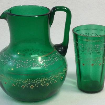 Victorian Hand Blown Green Glass Pitcher & Glass Cup (2pcs)