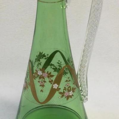 Victorian Green Glass Pitcher with Gilt Details
