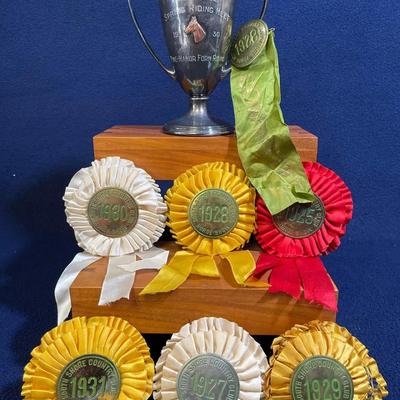 Horse Show Silk Ribbon Awards And Silver Plate Trophy, Vintage, 7pcs