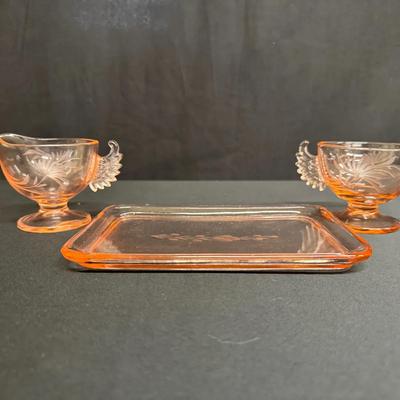 Vintage Etched Depression Glass Sugar Bowl, And Creamer Set With Tray