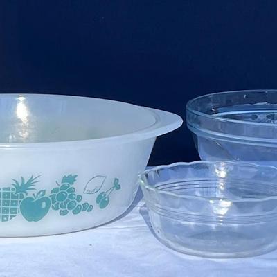 Glasbake Teal Fruit Design Casserole Dish & Clear Bowls